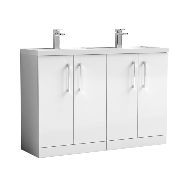 Balterley Level Floor Standing 4 Door Vanity Unit with Double Basin & Handles for Modern Bathroom Storage White Gloss White