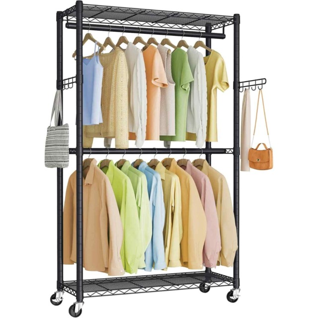Mobile Clothes Wardrobe with Wheels, Metal Garment Rack, Adjustable Shelves, Hanging Rails and Hooks, Ink Black