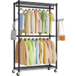Mobile Clothes Wardrobe with Wheels, Metal Garment Rack, Adjustable Shelves, Hanging Rails and Hooks, Ink Black