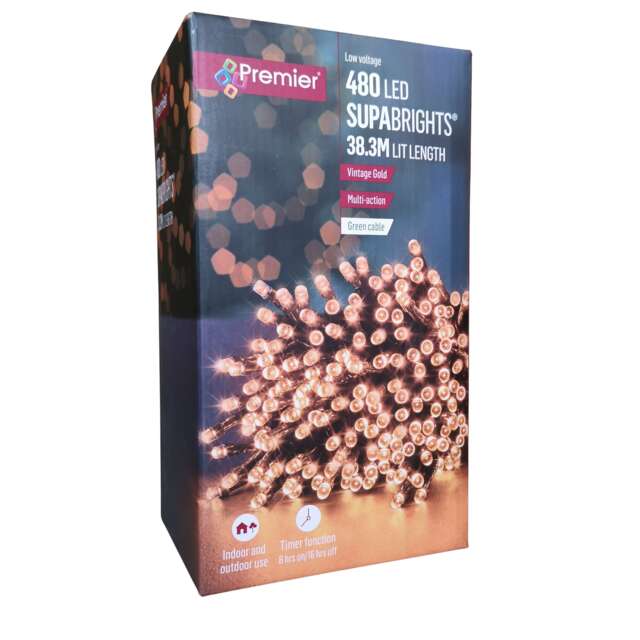 480 LED 38.3m Premier SupaBrights Indoor Outdoor Christmas Multi Function Mains Operated String Lights with Timer in Vintage Gold