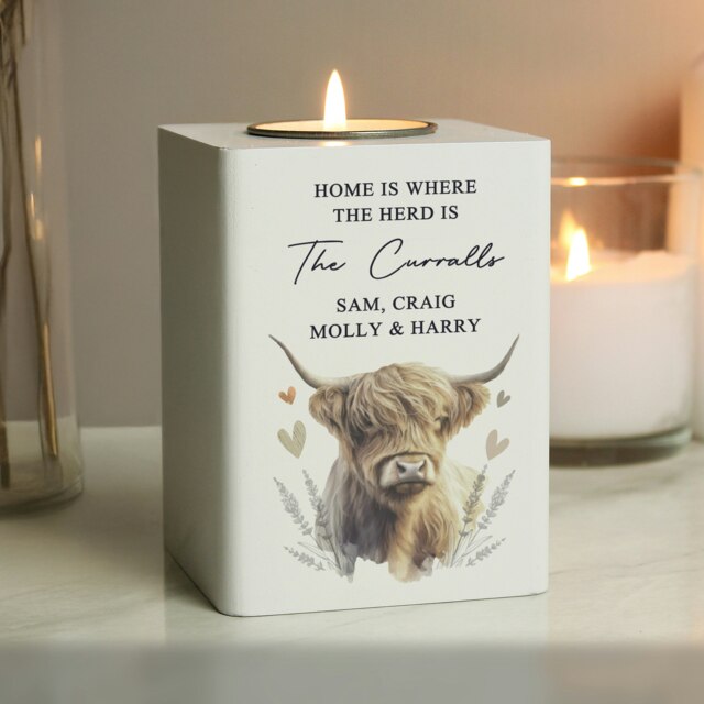Personalised Highland Cow Wooden Tealight Holder White