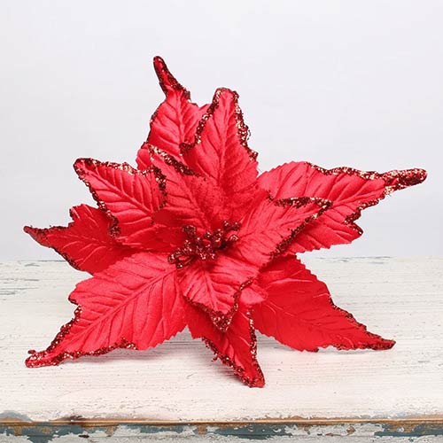 Red Velvet Poinsettia with Glitter Detail Large Christmas Pick Decoration 36cm