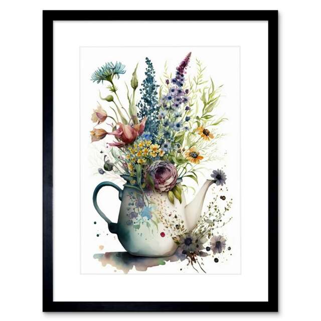 "Spring Wildflower Floral Bouquet a Teapot Vase 9x7"" Black Framed Wall Art Print"