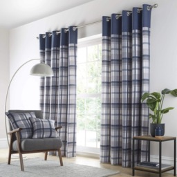 Portfolio Home Orleans Tartan Check Blue 66 x 72 Inches Fully Lined Eyelet Curtains Blue