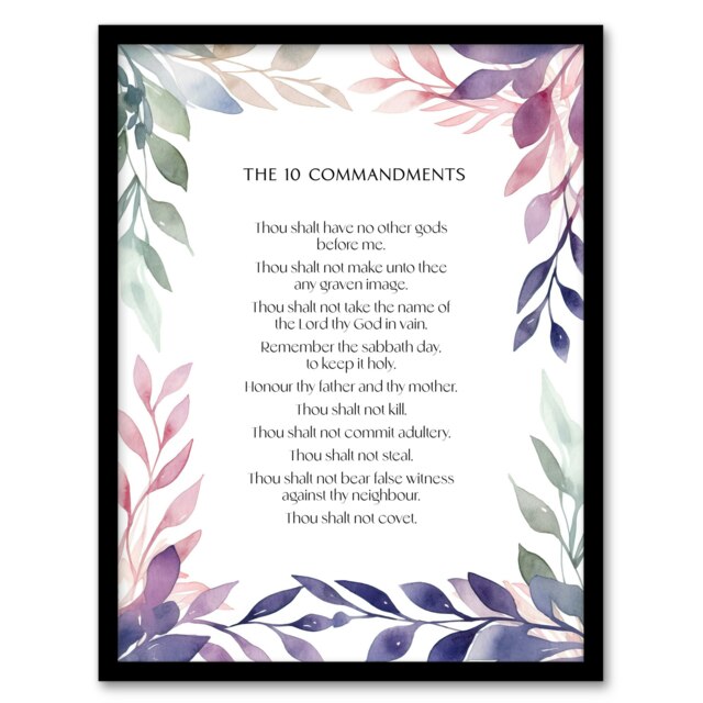 10 Ten Commandments Violet Exodus Bible Quote Black Framed Wall Art Print A4