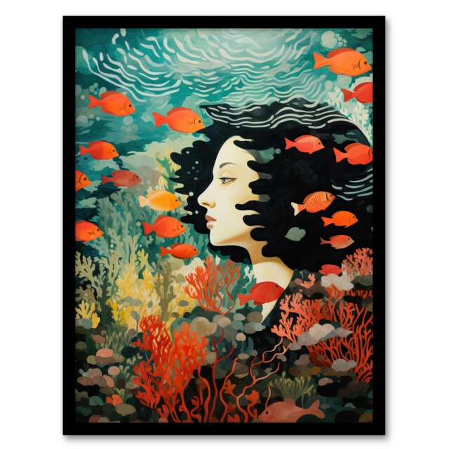Sleeping Fishes Underwater Dream Home Decor Black Framed Wall Art Print A4