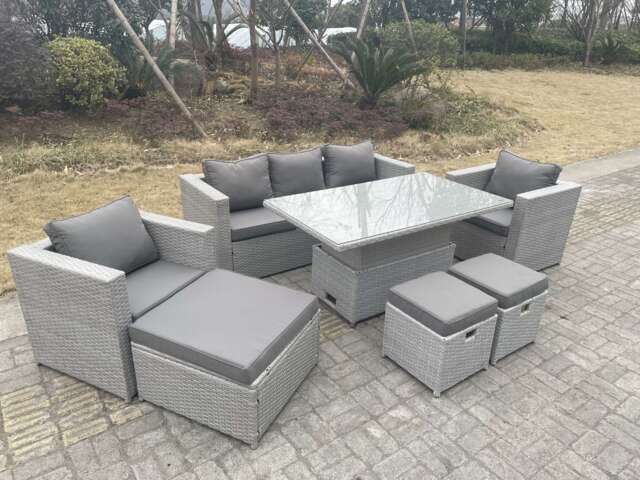 Fimous Rattan Garden Funiture Set Adjustable Rising Lifting Table Lounge Sofa Dining Set 2 Chairs Big And Small Footstool