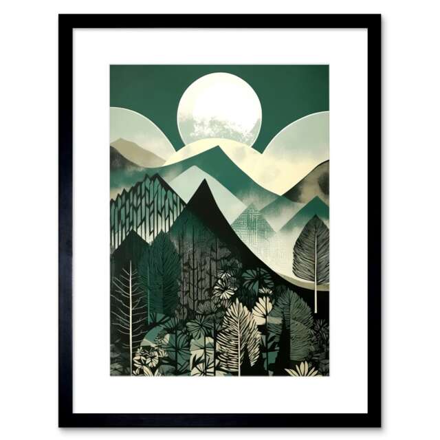 "Full Moon Over Mountain Forest Mid Century Sage Green 9x7"" Black Framed Wall Art Print"