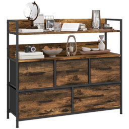 HOMCOM Bedroom Chest of Drawers, Fabric Dresser with 5 Drawers, Storage Organiser Unit with Open Shelves and Metal Frame for Living Room, Entryway, Rustic Brown