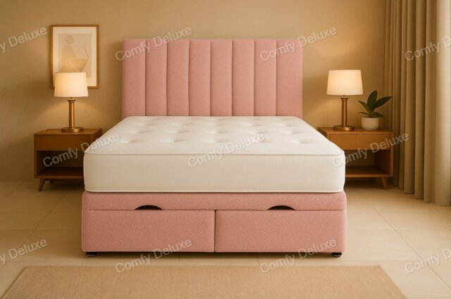 6FT Superking Pink Teddy Boucle Fabric Foot Lift Ottoman Divan Bed Set Headboard & Mattress