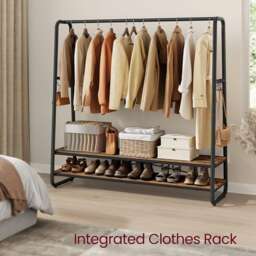 Garment Rack with Shelves and Hooks, Bedroom Clothes Rail Storage Unit, Rustic Brown and Black