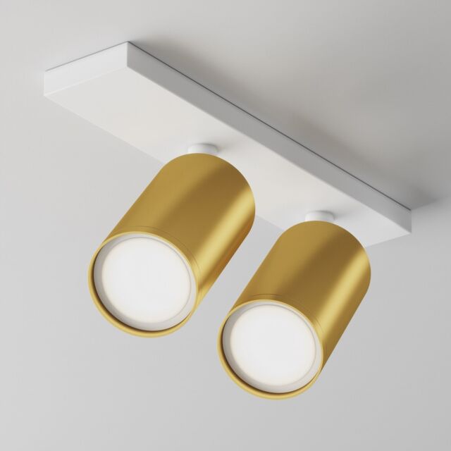 Focus S Twin Ceiling Spotlight White 2xGU10 Brass Shade
