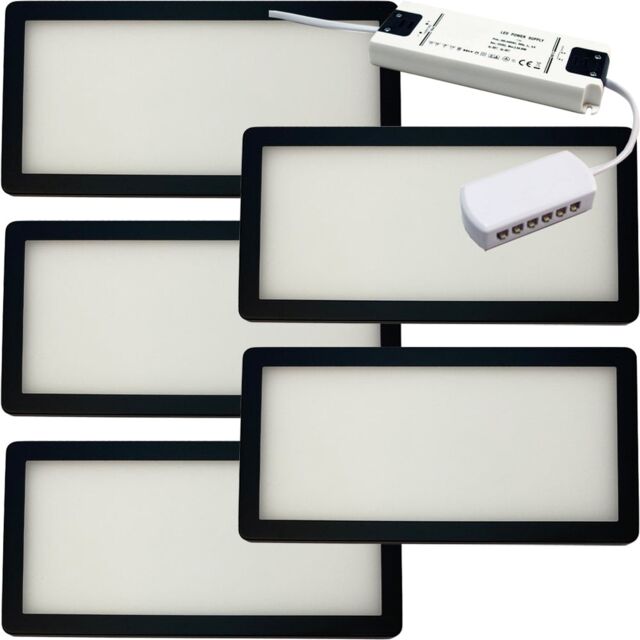5 Pack of Matt Black Ultra-Slim LED Under Cabinet Kitchen Lighting with Driver Kit - Warm White Glow