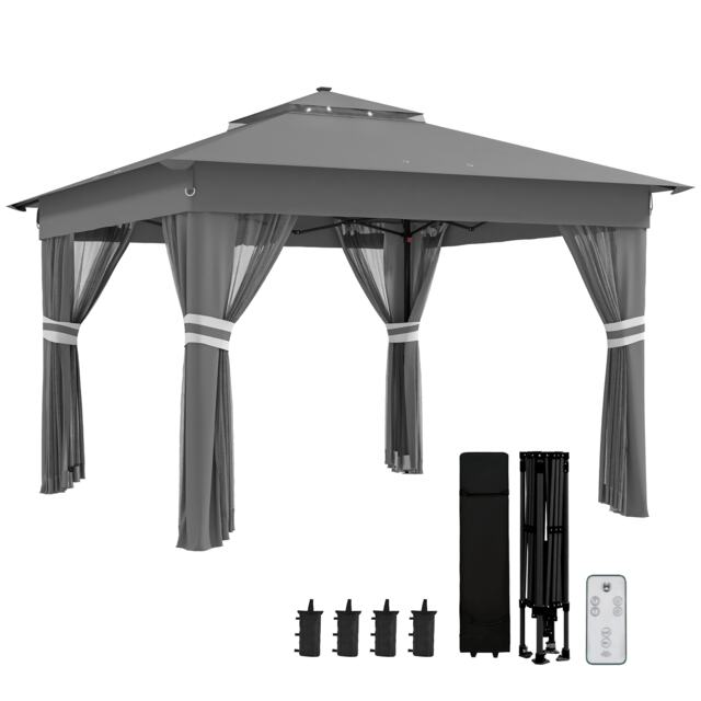 Outsunny 3.36x3.36m Pop Up Gazebo w/ Solar-Powered LED Lights Netting Grey Grey