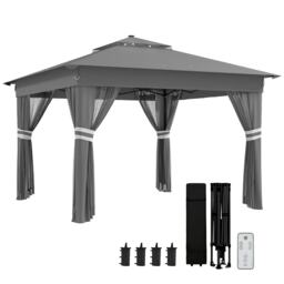 Outsunny 3.36x3.36m Pop Up Gazebo w/ Solar-Powered LED Lights Netting Grey Grey