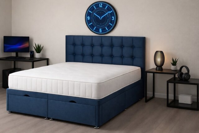 Cube Ottoman Blue Plush Velvet 5ft Kingsize Foot Lift Bed Headboard and Mattress Set