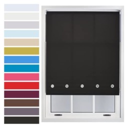 FURNISHED Roller Blinds with Chrome Round Eyelets and Metal Fittings Cut to Size Sheer Window Shade Black Black (W) 90cm x (L) 210cm