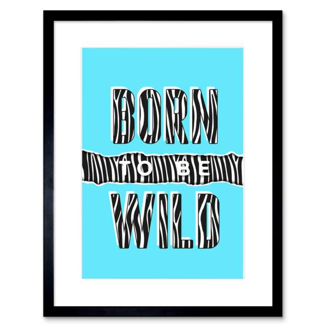 "Born to be Wild Zebra Stripes Pattern Blue Design 9x7"" Black Framed Wall Art Print"