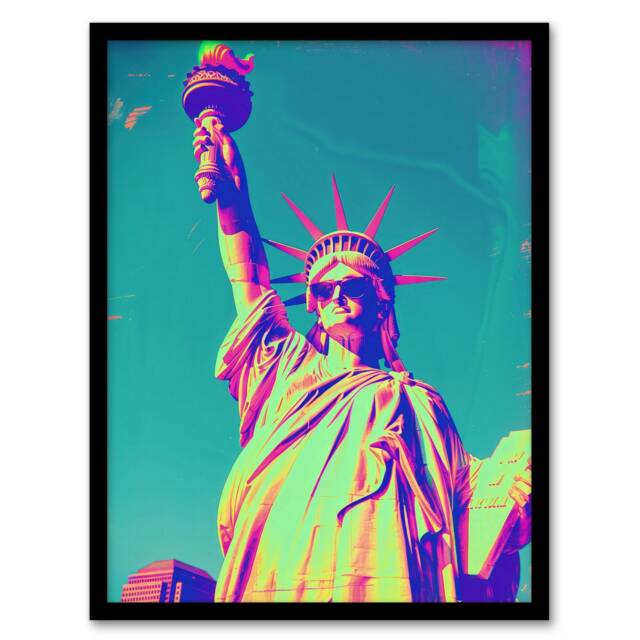 Statue Liberty Sunglasses Vibrant Neon Home Decor Black Framed Wall Art Print A4
