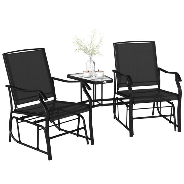 Outsunny Double Glider Companion Rocking Chairs Loveseat Garden Table Black Black Black
