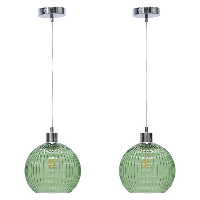 Set of 2 Betchley - Green Ribbed Glass Globe with Chrome Pendants Green Clear green glass with polished chrome plate detail Small 2