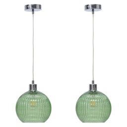 Set of 2 Betchley - Green Ribbed Glass Globe with Chrome Pendants Green Clear green glass with polished chrome plate detail Small 2