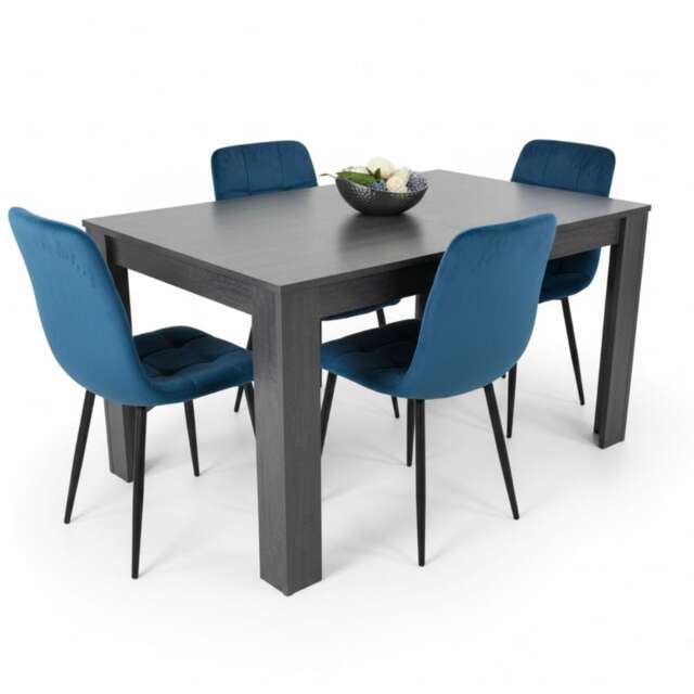 Modern Charcoal Dining Table Set with 4 Blue Velvet Chairs Dining Room Furniture