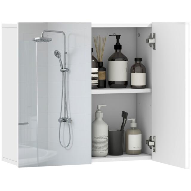 HOMCOM Bathroom Mirror Cabinet, Wall Mounted Bathroom Cabinet with 2 Mirror Doors and Adjustable Shelf, 60 x 20 x 55 cm, White
