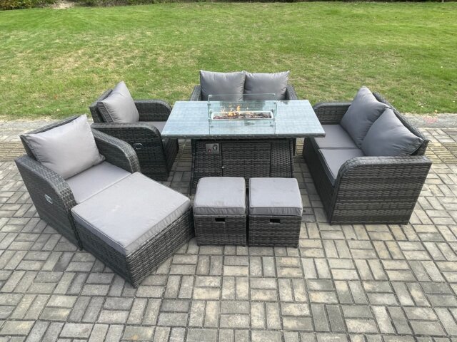 Fimous 9 Seater Rattan Garden Furniture Set Propane Gas Fire Pit Table and Sofa Chair set with 3 Footstool