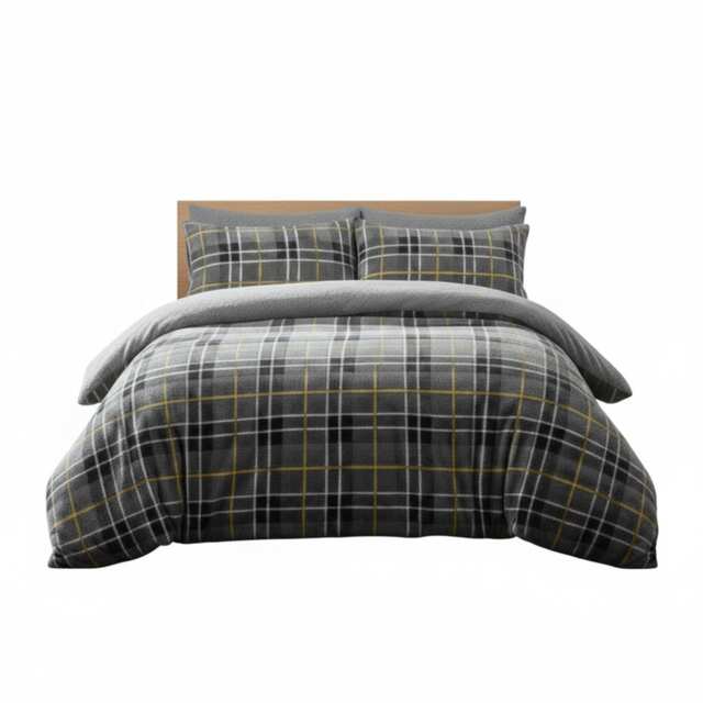 Ultra Soft Teddy Duvet Cover Tartan Check Reversible Fleece Bedding Grey Super King