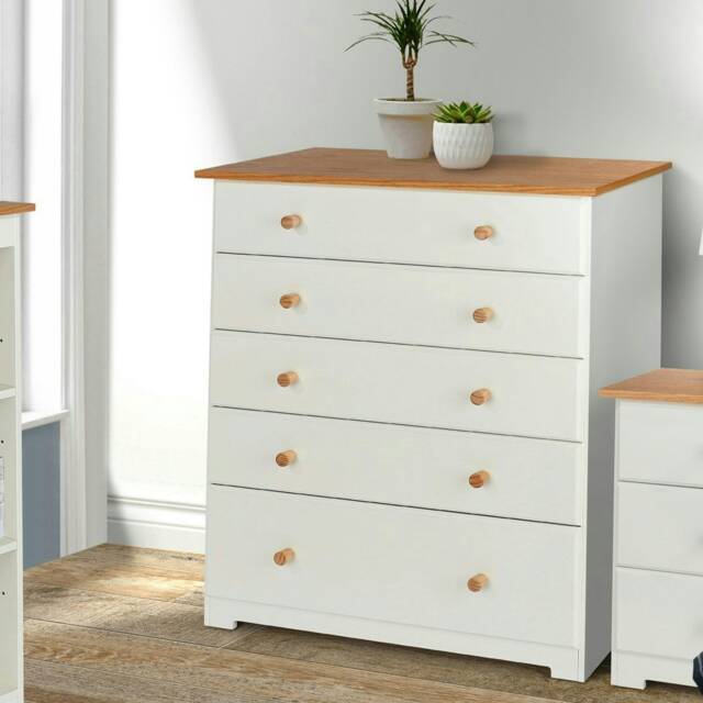 Colorado Soft White 5 Drawer Chest - Painted Wood Bedroom Storage Cabinet with Oak Effect Top White White 1