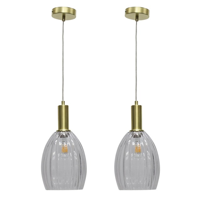 Set of 2 Birch - Clear Fluted Glass Satin Brass Deco Pendant Fittings