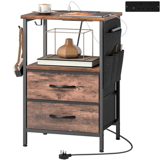 HOMCOM Slim Side Table with Charging Station, Bedside Table Brown Rustic Brown 40W x 30D x 60H cm