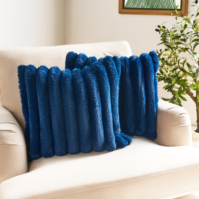 OHS 2 Pack Jumbo Soft Faux Fur Ribbed Decorative Square Cushion Covers Blue Navy