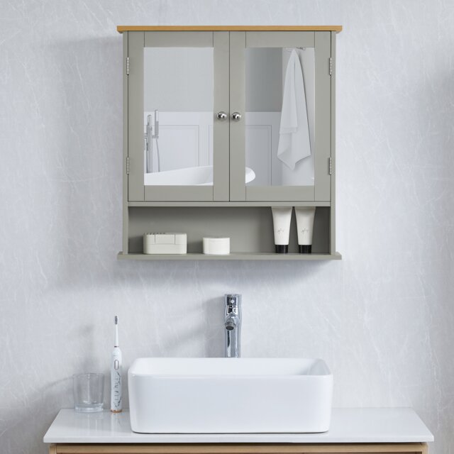 Bath Vida Priano 2 Door Mirrored Wall Mounted Bathroom Cabinet With Shelf, Grey & Oak Grey Grey & Oak 1