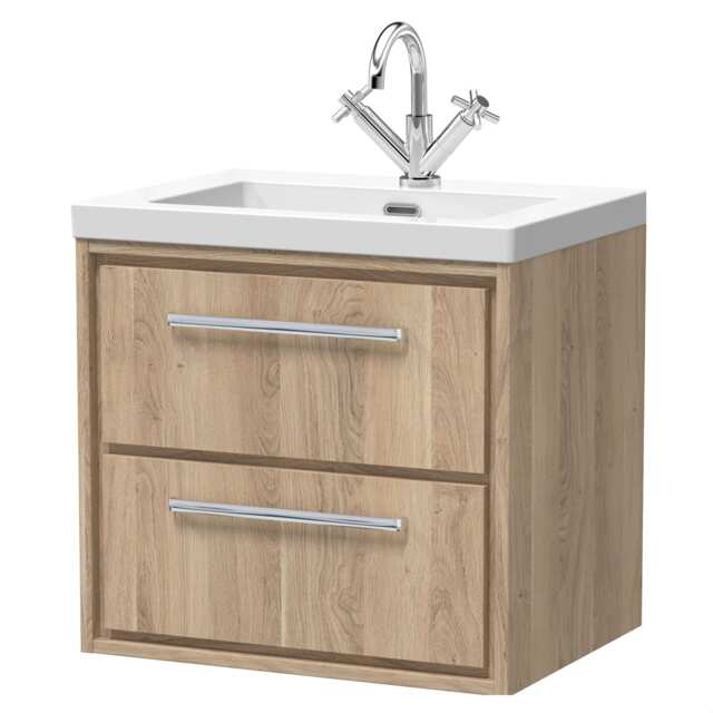 Balterley Longnor 2 Drawer Wall Hung Vanity Unit with 1 Tap Hole Modern Fireclay Basin, Light Oak, 600mm