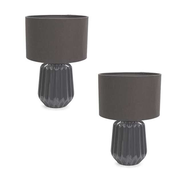 ValueLights Zak Pair of Charcoal Grey Pleated Textured Ceramic Table Lamps with matching Shades