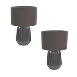 ValueLights Zak Pair of Charcoal Grey Pleated Textured Ceramic Table Lamps with matching Shades
