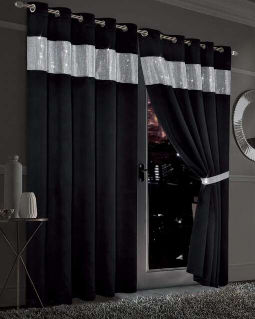Diamante Blackout Eyelet Curtains in Black, 167cm x 137cm Black Black