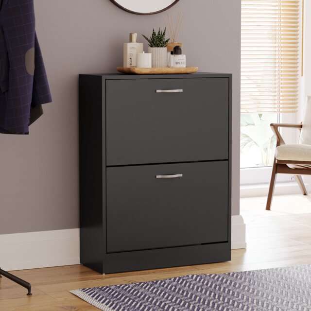 Vida Designs 2 Drawer Shoe Cabinet Shoe Rack Storage Cupboard, Black
