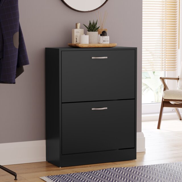 Vida Designs 2 Drawer Shoe Cabinet Shoe Rack Storage Cupboard, Black