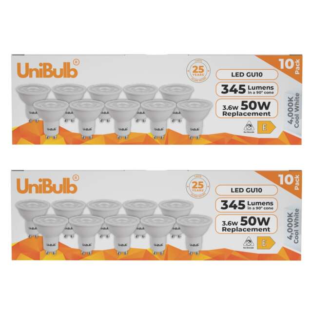 UniBulb LED GU10 345lm 3.6W (Replaces 50W) 4000K (Cool White) Spotlight Downlight Light Bulb - Pack of 20