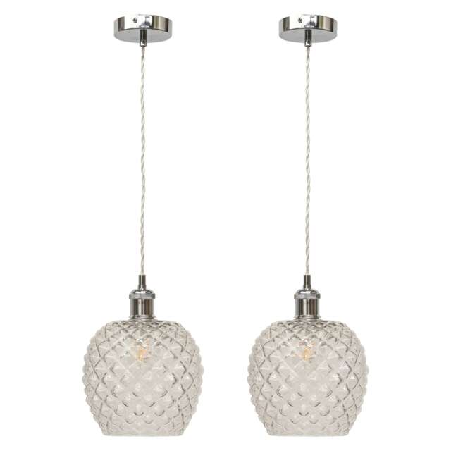 Set of 2 Baine - Clear Textured Glass Chrome Retro Pendant Fittings