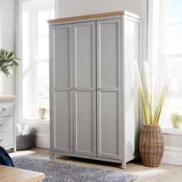 Wardrobe 2 or 3 Door Two Tone Oak Top Wooden Hanging Rail Storage Shelves Grey