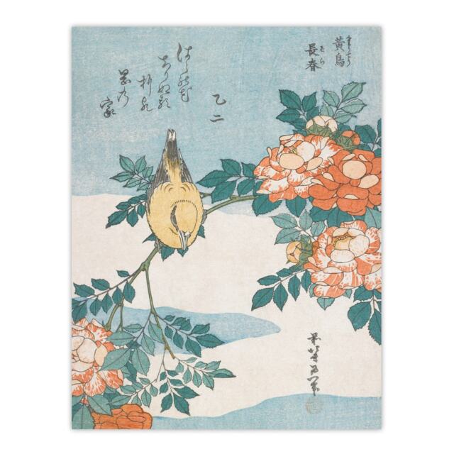 "Bush Warbler And Roses Vintage Japan Wall Art Print Hokusai 24x32"""