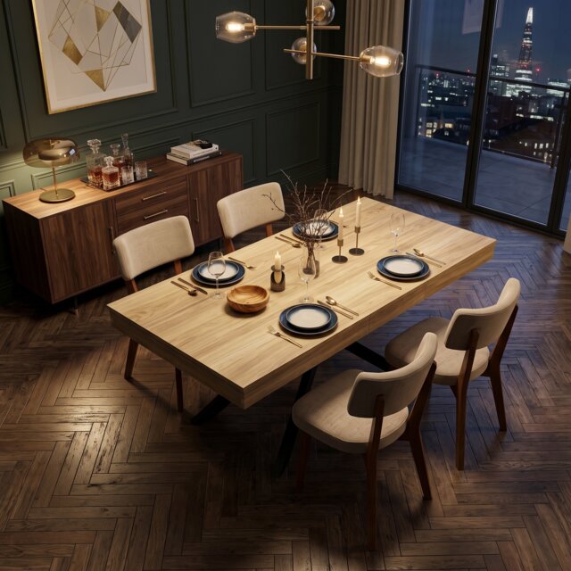 FENCHILIN Extendable Dining Table and 4 Mid-Back Chairs 140-180cm Kitchen Set, Oak/Khaki