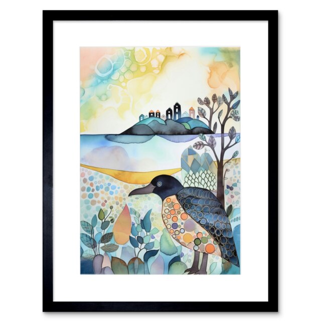 "Coastal Island Wildlife Folk Art Watercolour Painting 9x7"" Black Framed Wall Art Print"