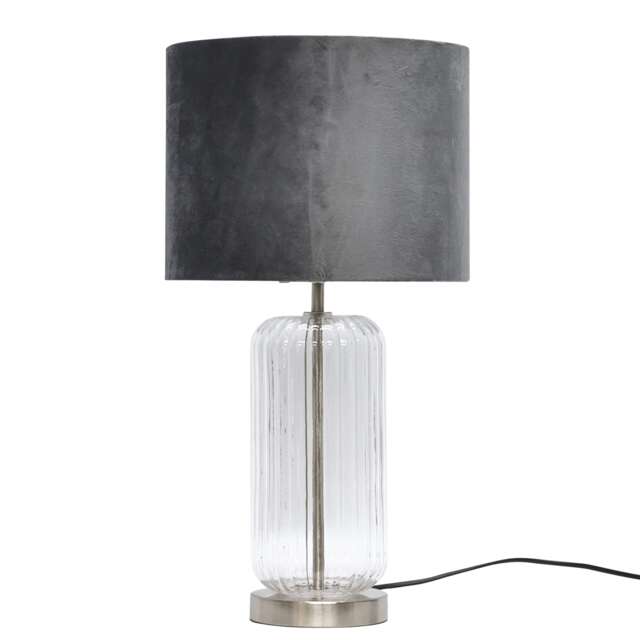 Walpole - Fluted Glass Brushed Chrome 49cm Table Lamp with Grey Shade Chrome Satin nickel plate with clear glass detail and grey velvet 1
