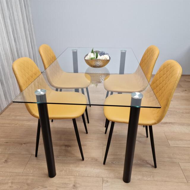 White Clear Glass Dining Table with 4 Chairs Dining Kitchen Room Furniture