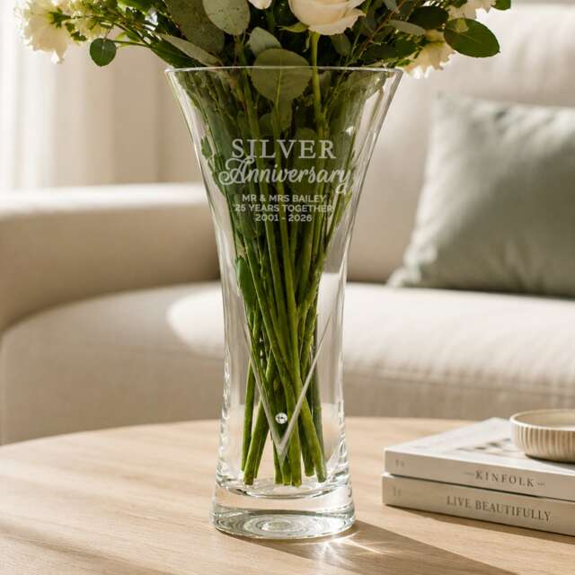 Personalised Silver Anniversary Large Hand Cut Diamond Effect Heart Vase